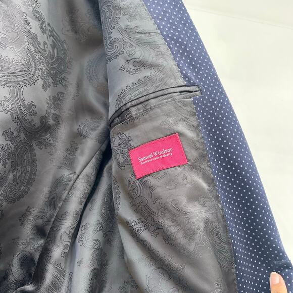 Samuel Windsor Navy Blue Suit Jacket Blazer Velvet Polka Dots 48 Quirky Fun - Picture 4 of 8